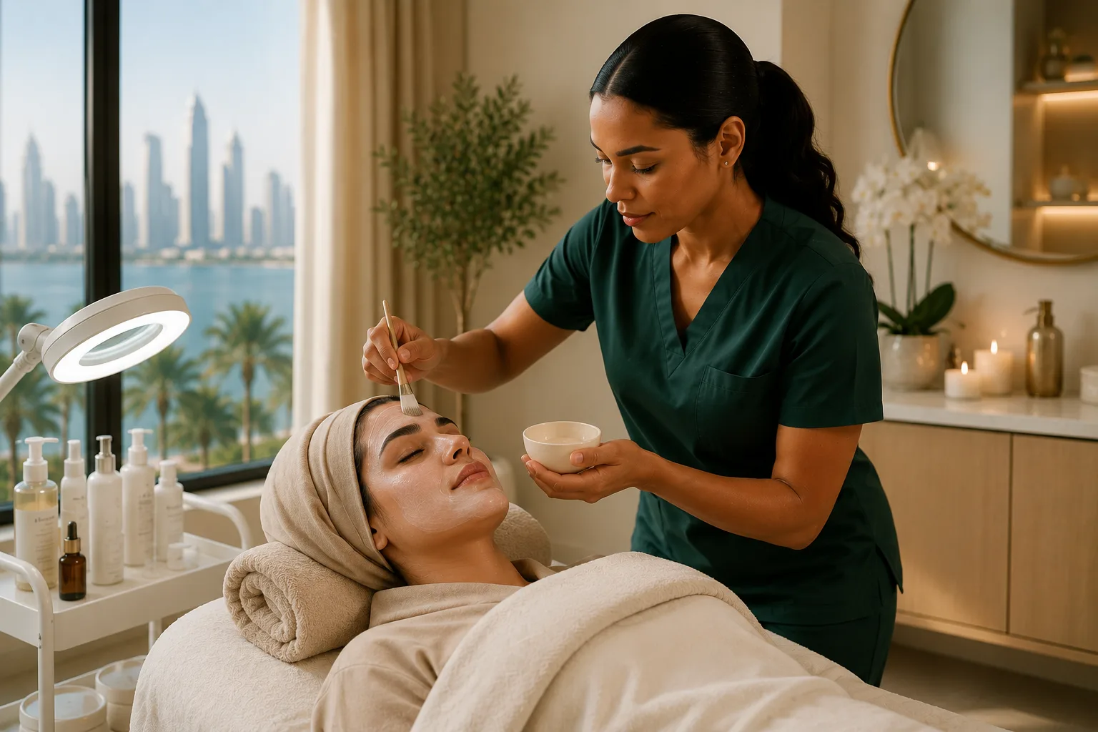 Woman receiving facial care at home