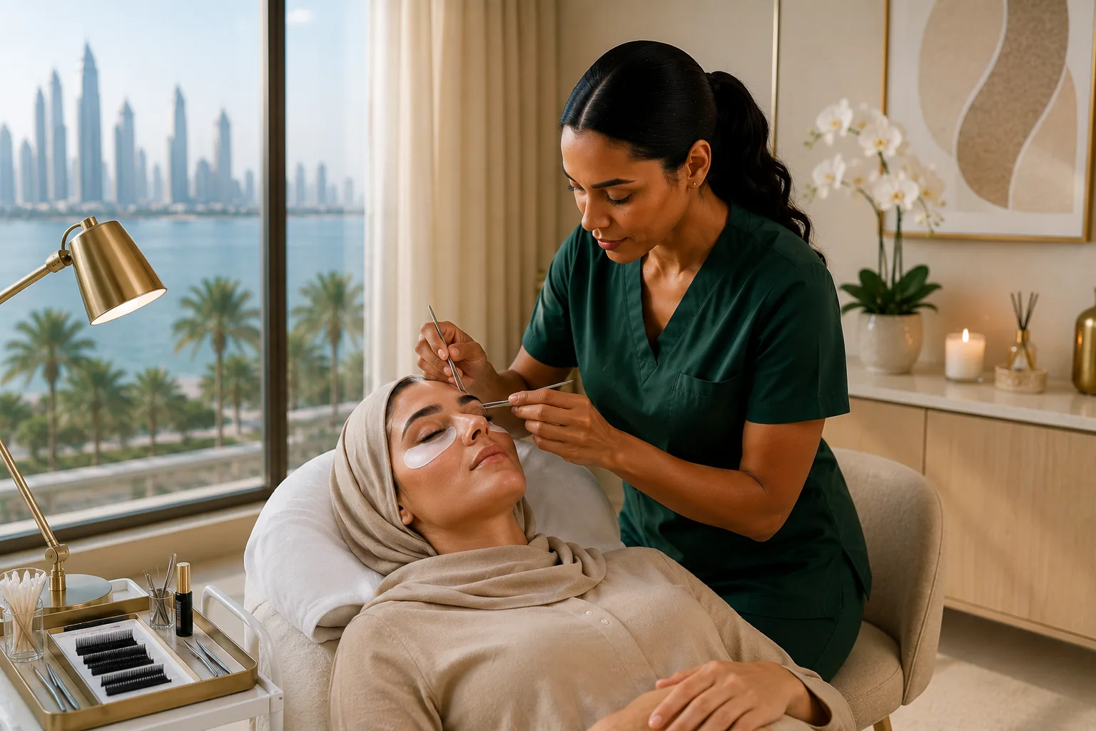 Woman receiving an at-home lash service