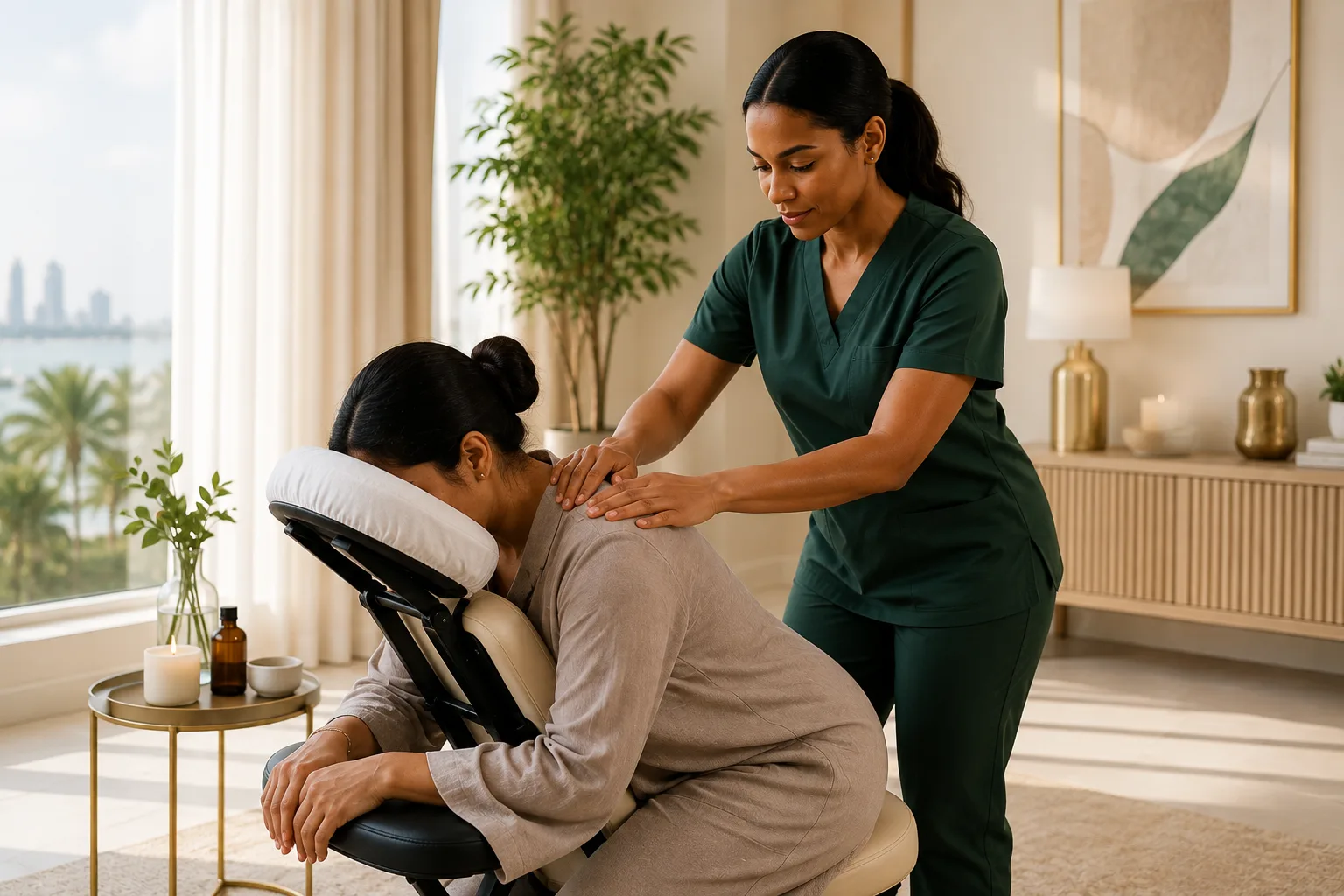Woman receiving a chair massage at home