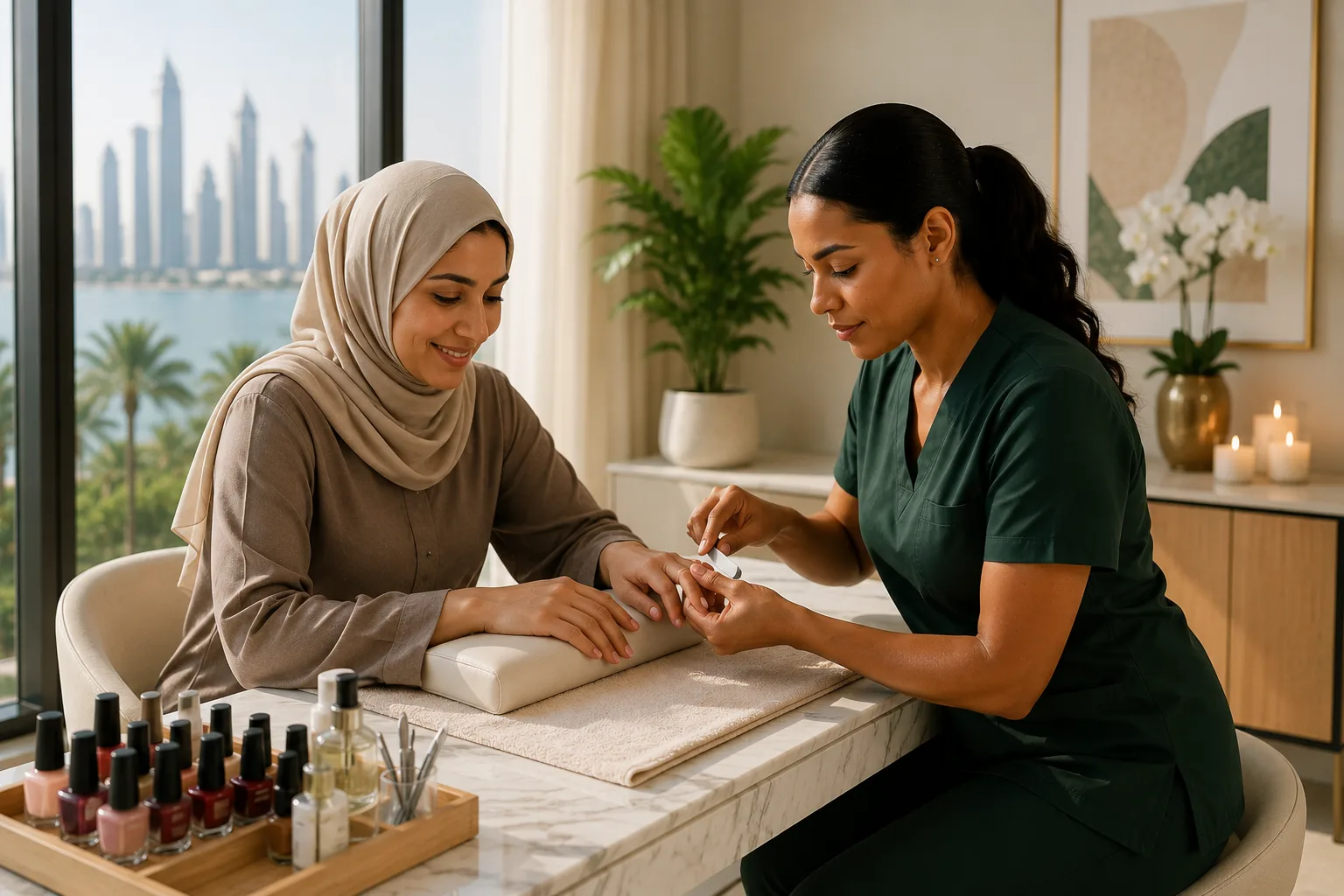 Woman receiving a manicure at home