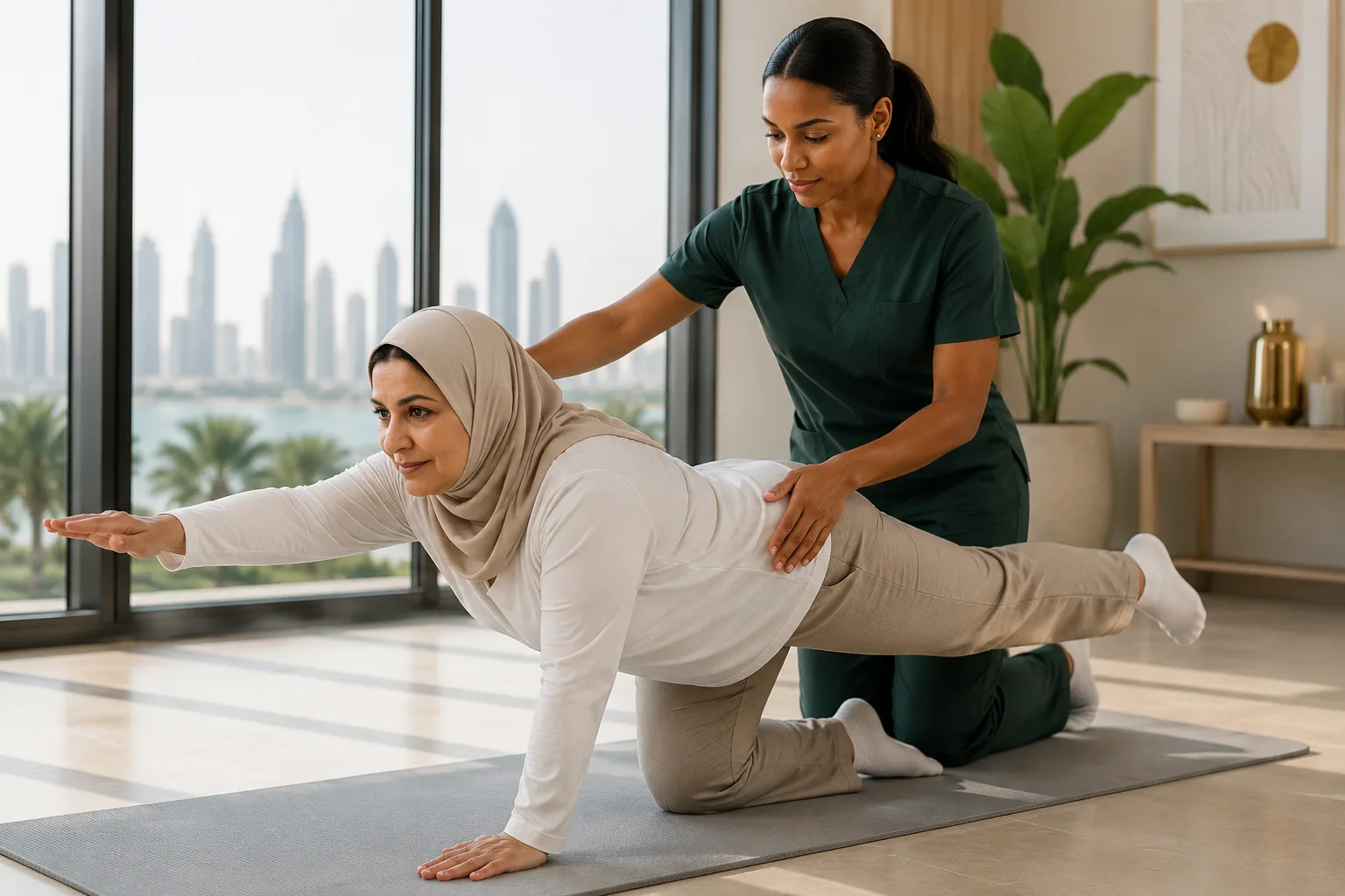 Woman receiving guided mobility support at home