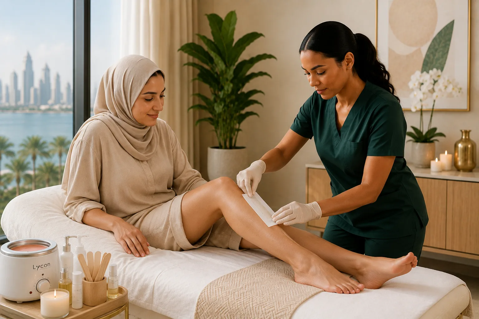 Woman receiving an at-home leg waxing service
