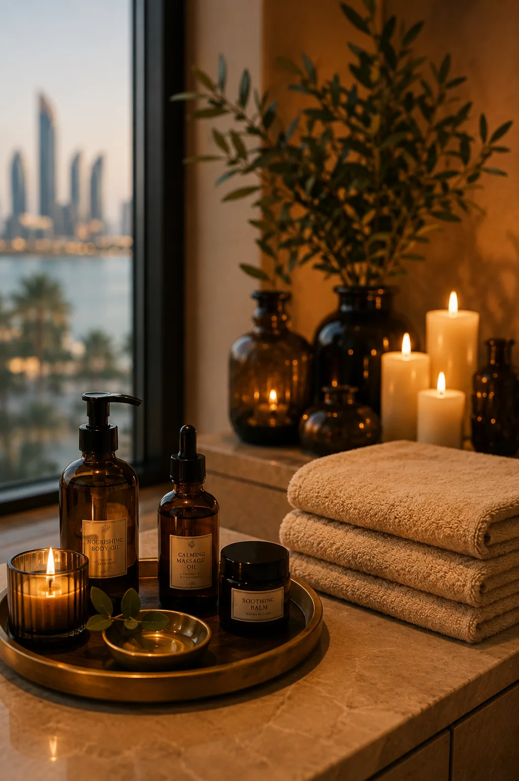 Warm treatment setting with towels, candles and care products
