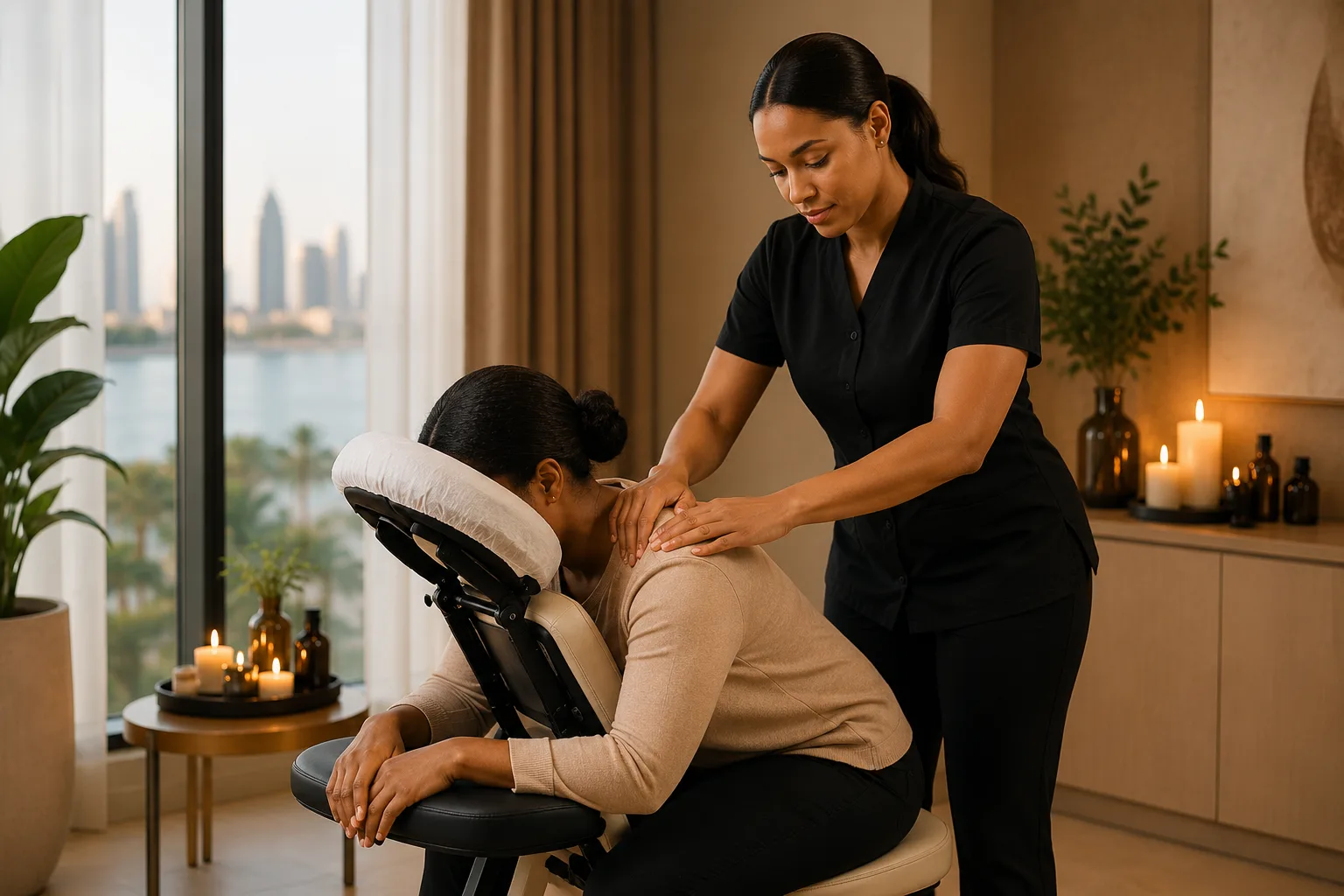 Woman receiving a chair massage from a female practitioner