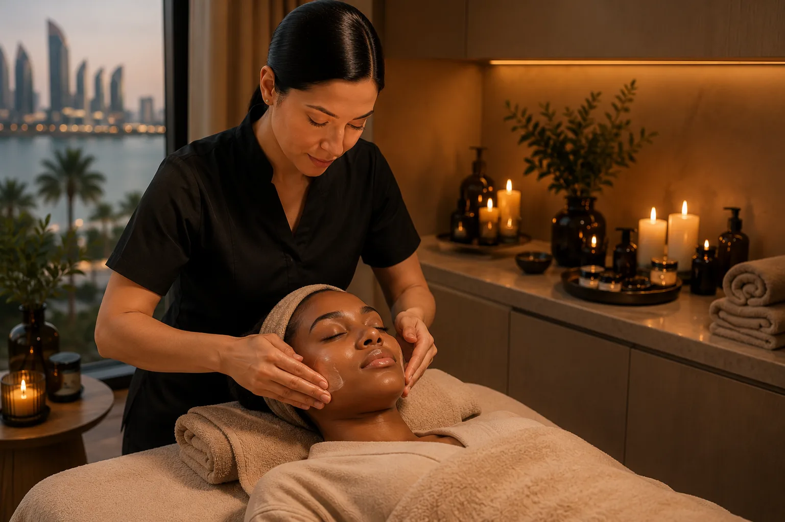 A woman receiving attentive facial care at home