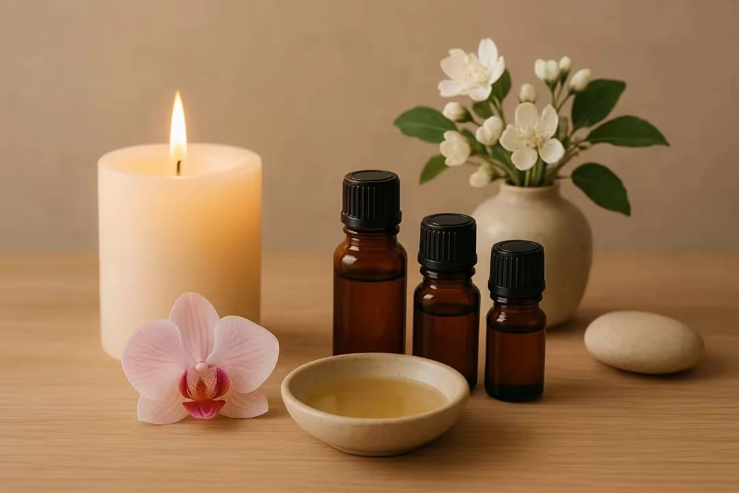 Candle, oils and flowers arranged for personal care